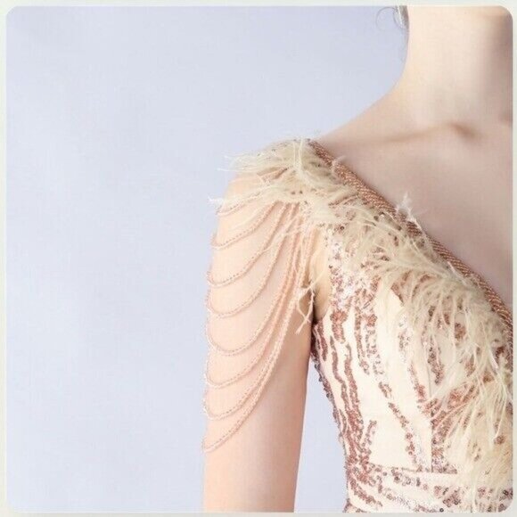 Gold, Geo Print, Ostrich Feather V Neck, Beaded Sleeves, Sequined Mermaid Gown - Picture 11 of 14